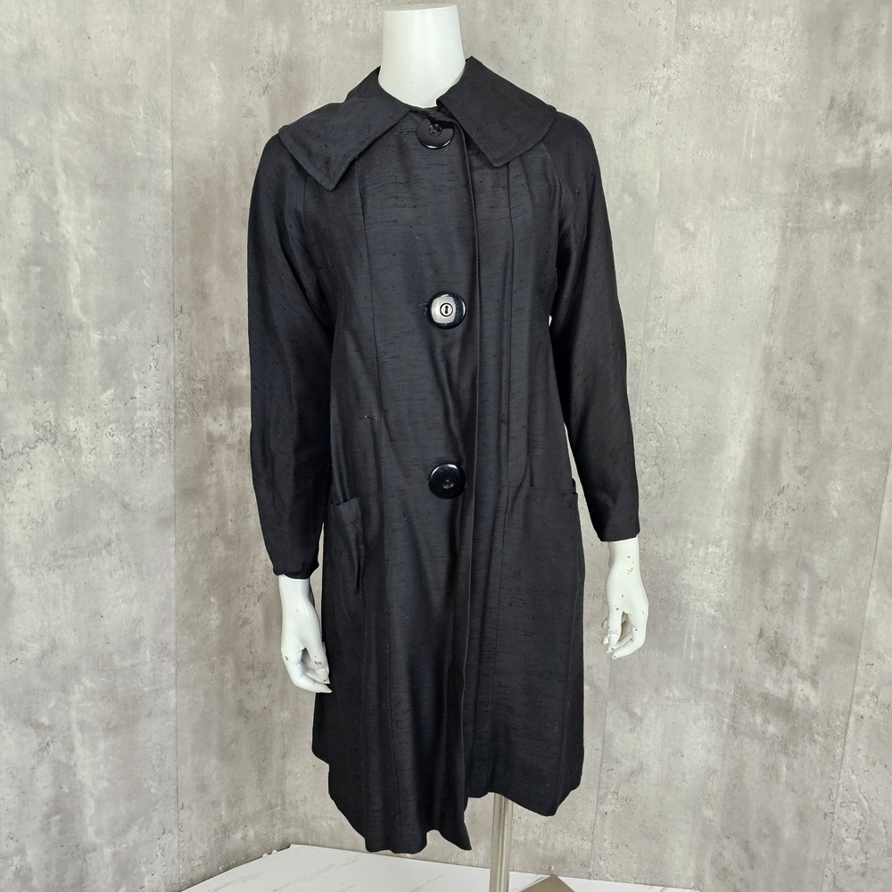 Vintage 50s 60s Black Raw Silk Coat Wide Collar Oversized Buttons ILGWU - Picture 5 of 13